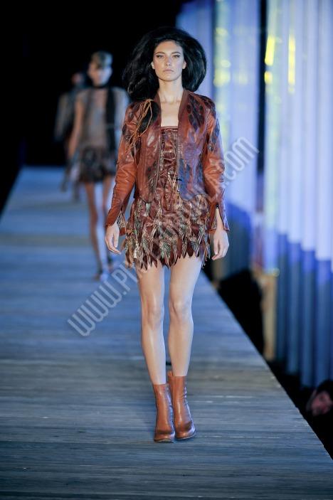 BROWN,DIESEL BLACK GOLD,DRESS,EMBROIDERY,FASHION SHOW,FIGURE,JACKET,LEATHER,MINI,NEW YORK,SUMMER 2011,WOMEN